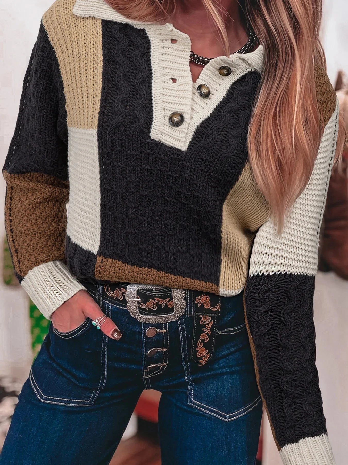 Multicolour Color Block Cable Knit Sleeve Buttons Collared Sweater
