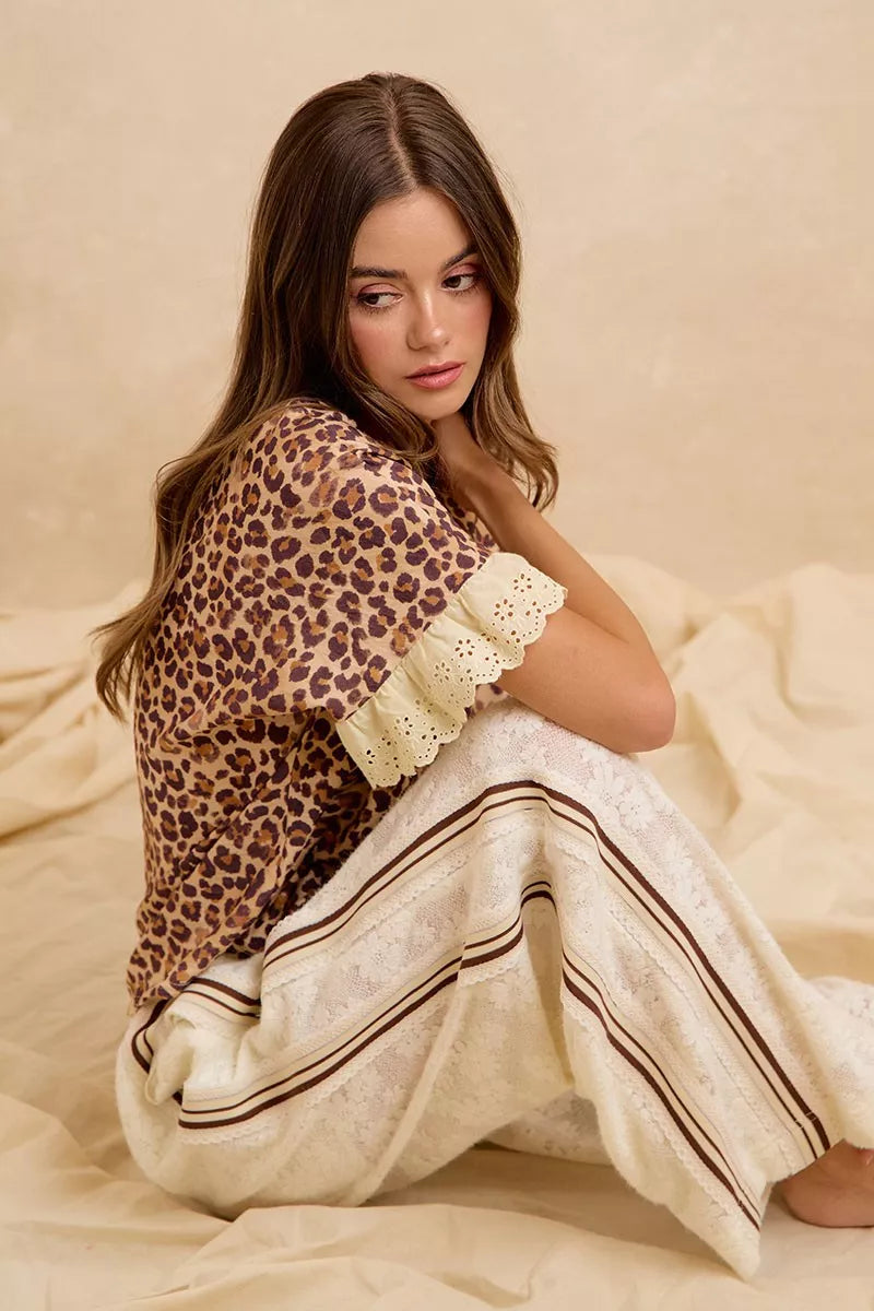 BiBi Leopard and Eyelet Lace Ruffled Top and Shorts Set Trendsi
