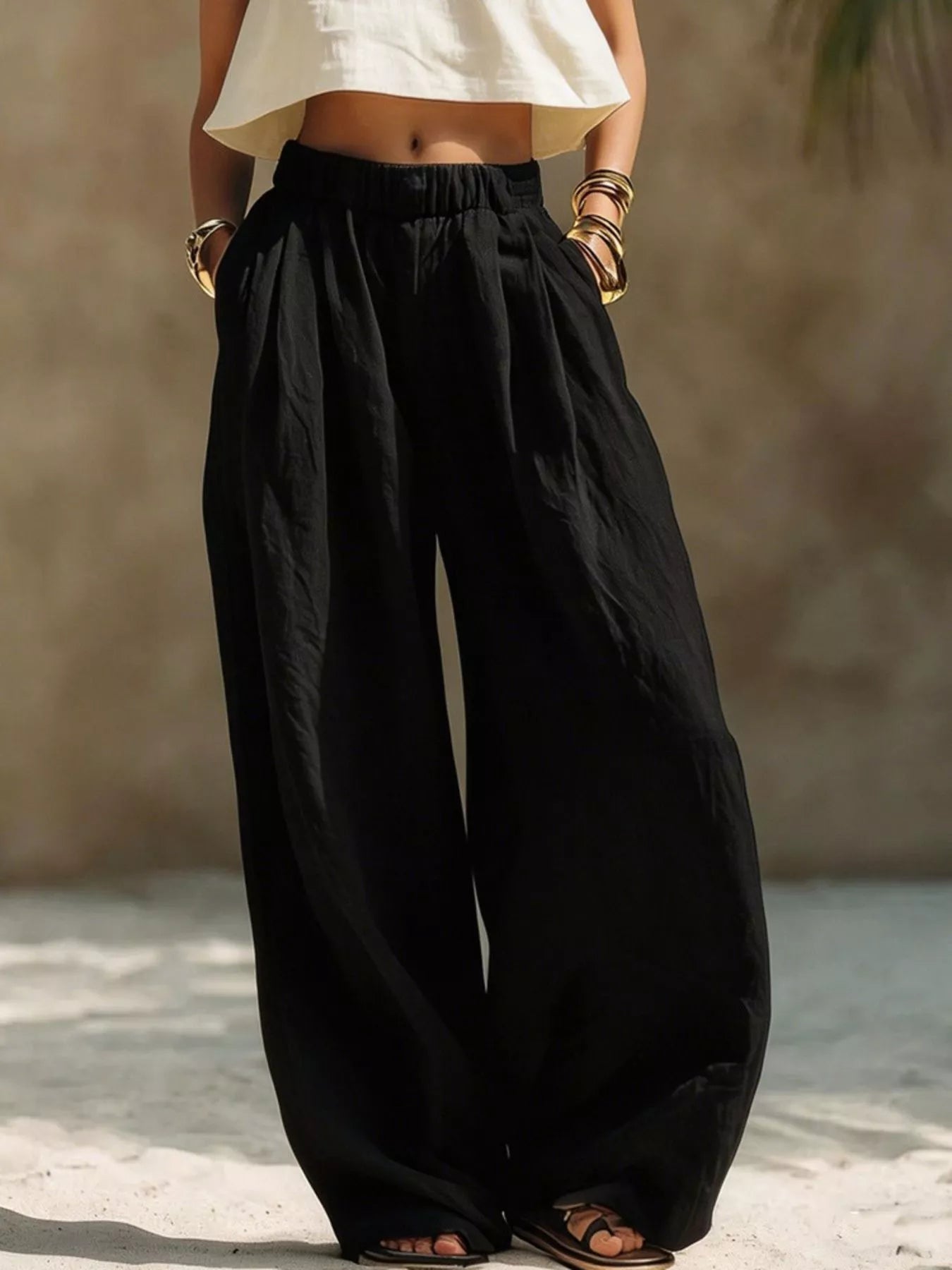 Full Size Elastic Waistband Wide Leg Pants Plus Size Trendsi