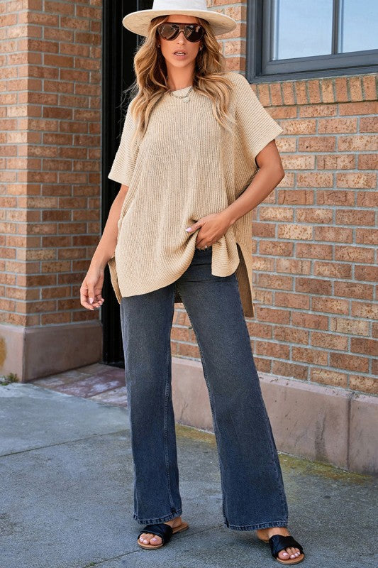 Apricot Short Sleeve Side Slit Oversized Sweater YNIQUE