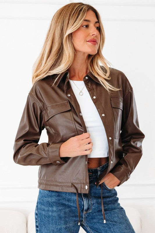 Leather Drawstring Hem Pocketed Jacket JUNIPER BLVD