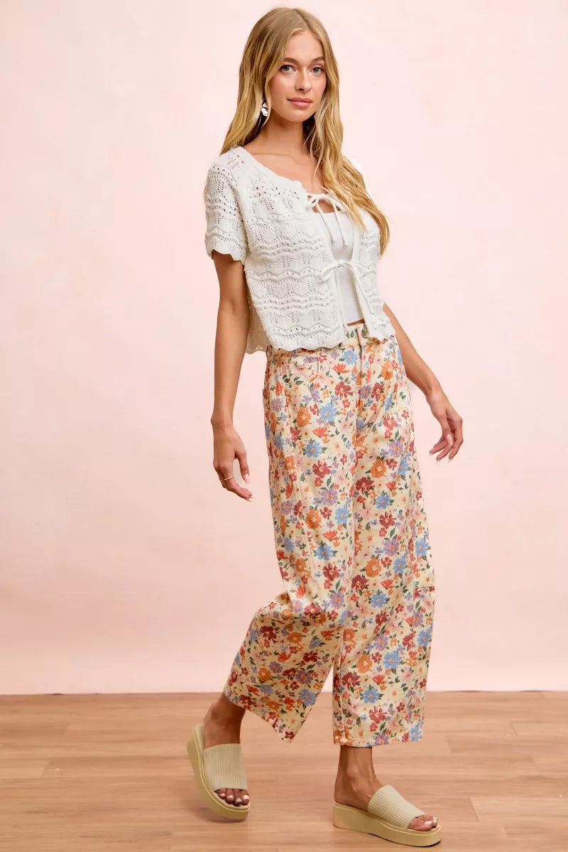 BiBi Washed Floral Printed Twill Barrel Pants Trendsi