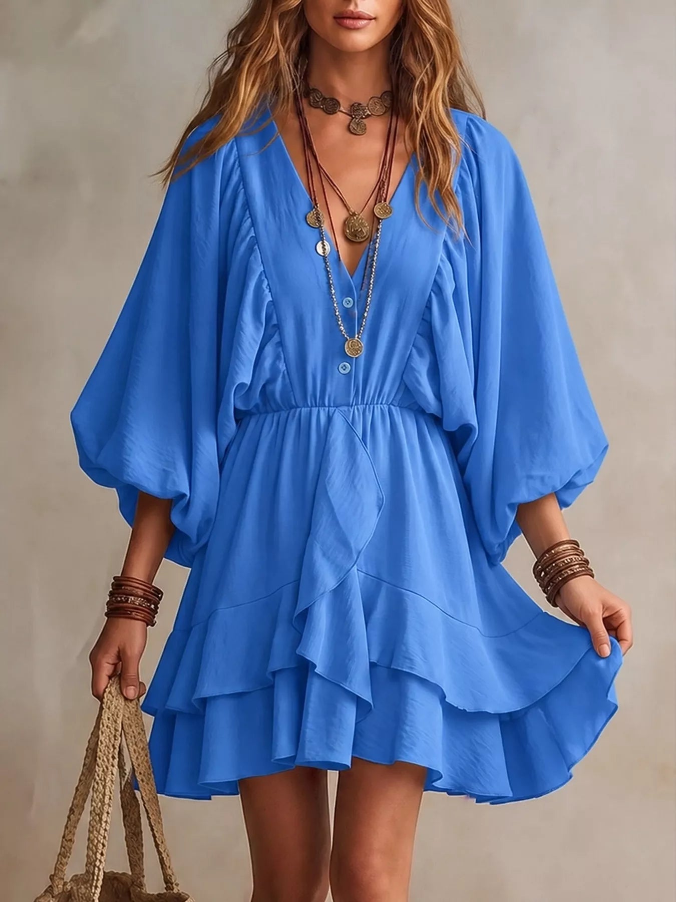 Ruffled Balloon Sleeve Mini Dress Trendsi