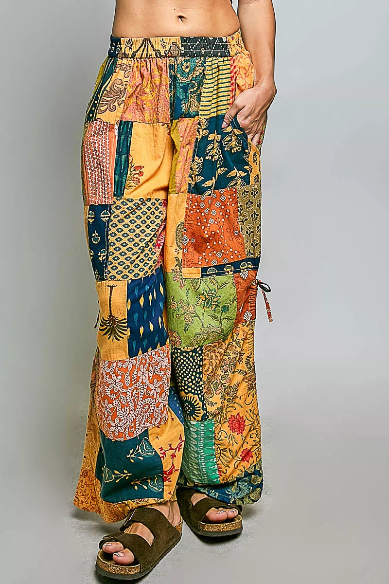 POL Printed Patchwork Wide Leg Pants with Adjustable Side Drawstring Trendsi