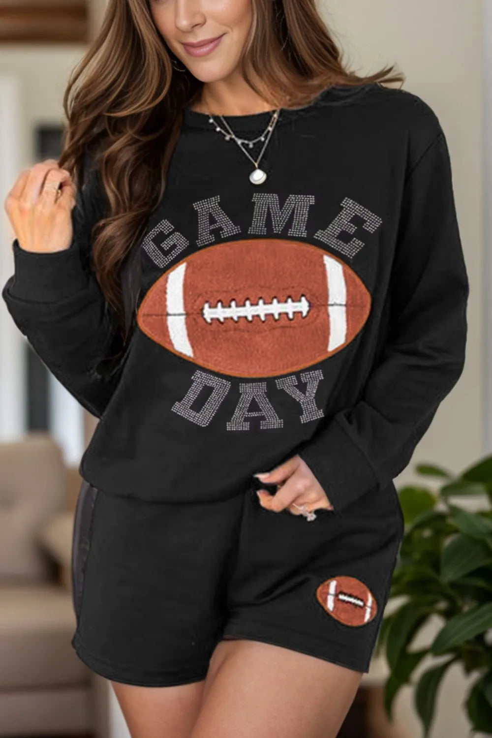 GAME DAY Football Round Neck Long Sleeve Top and Shorts Set Trendsi