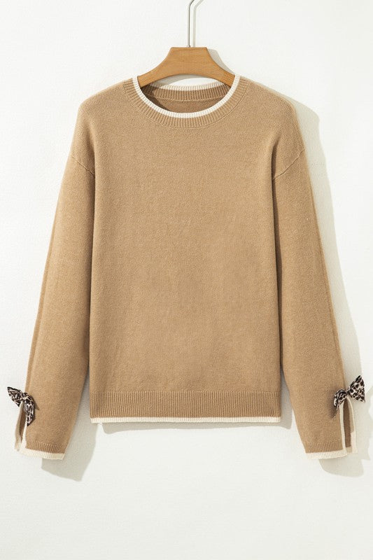 Leopard Bow Split Cuff Contrast Trim Sweater JUNIPER BLVD