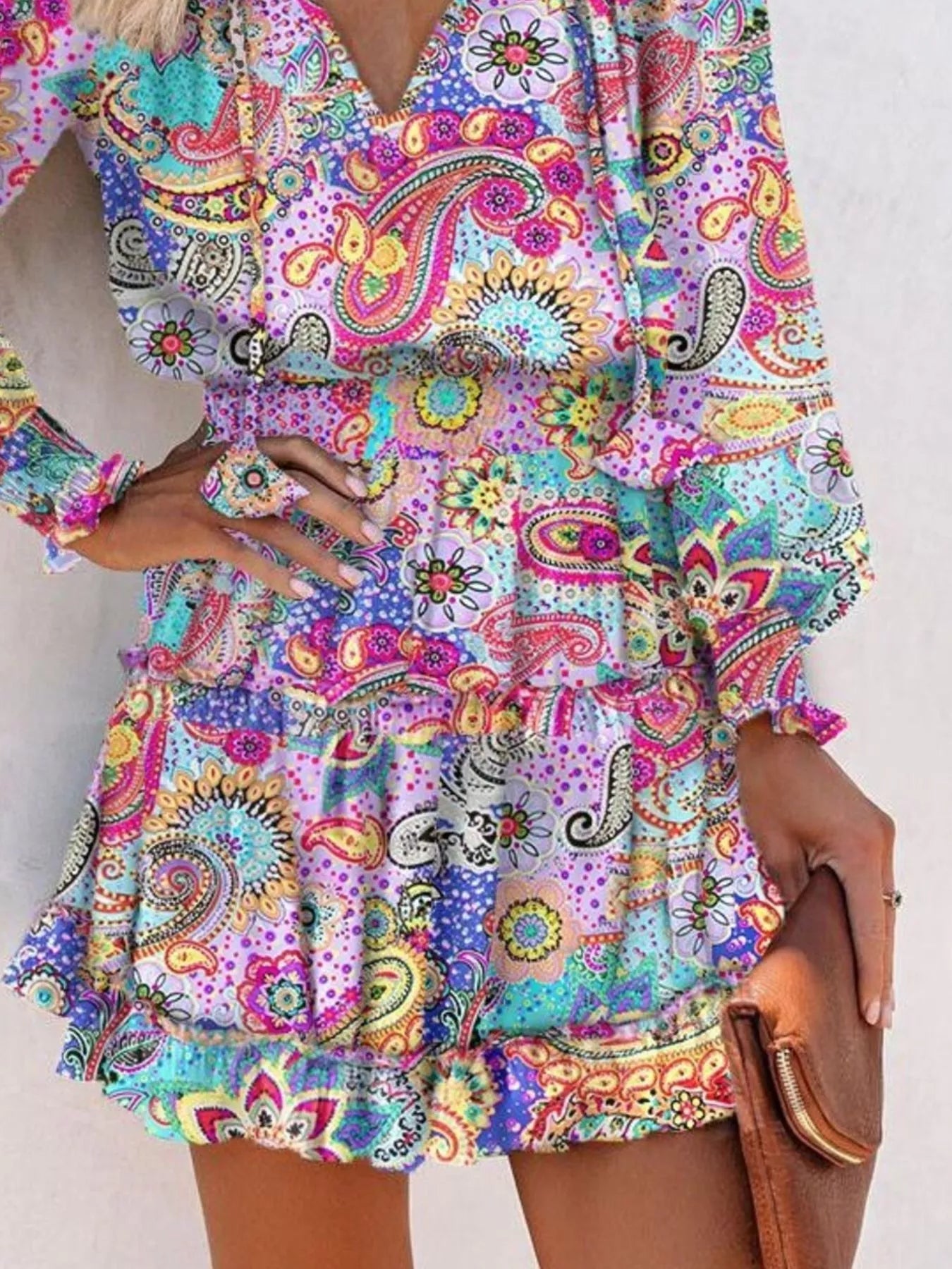 Tie Neck Lantern Sleeve Dress Trendsi