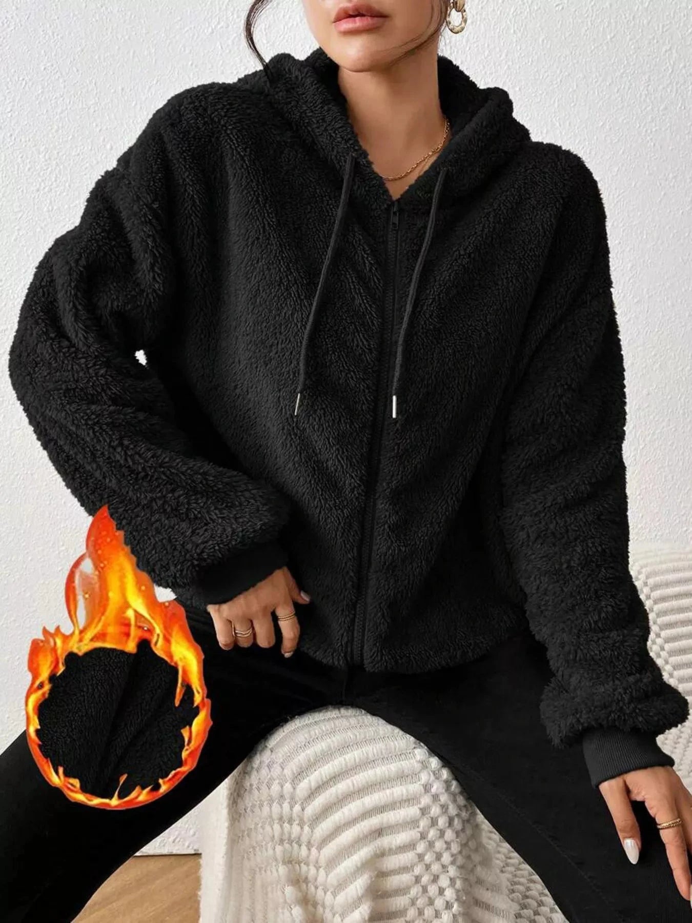 Zip-Up Plush Hooded Outerwear Trendsi