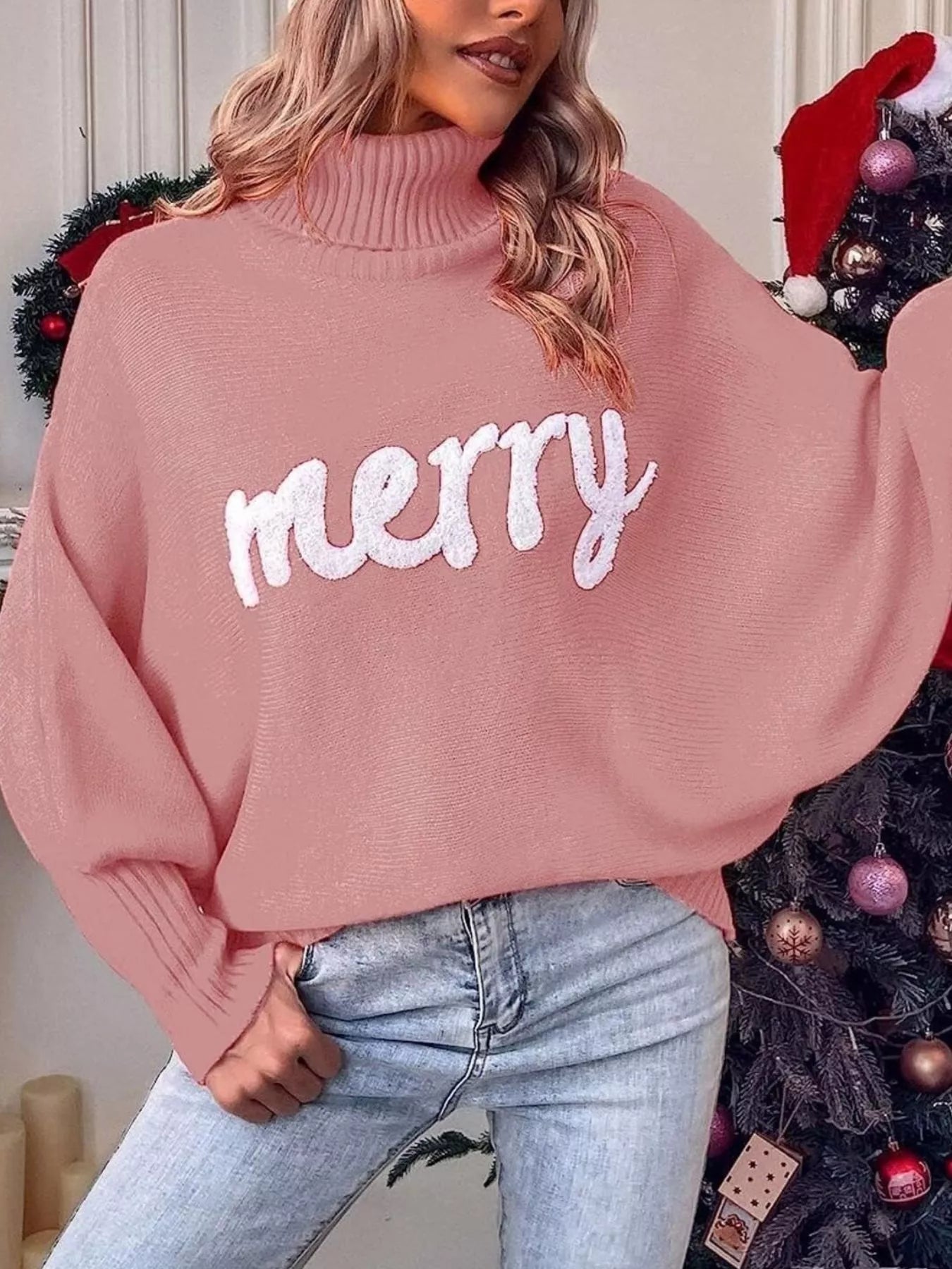 Merry Turtleneck Long Sleeve Christmas Sweater Trendsi