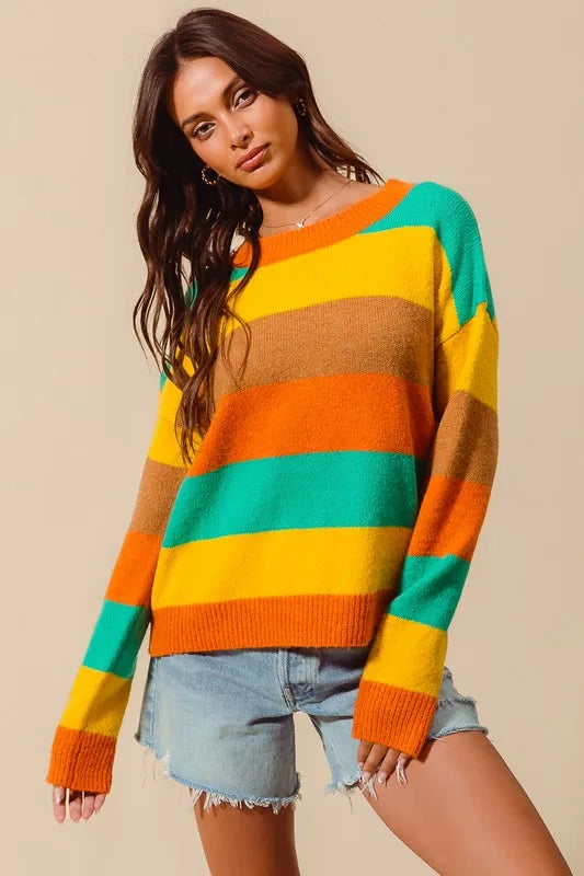 SO ME Multi Color Stripe Sweater with Ribbed Detai