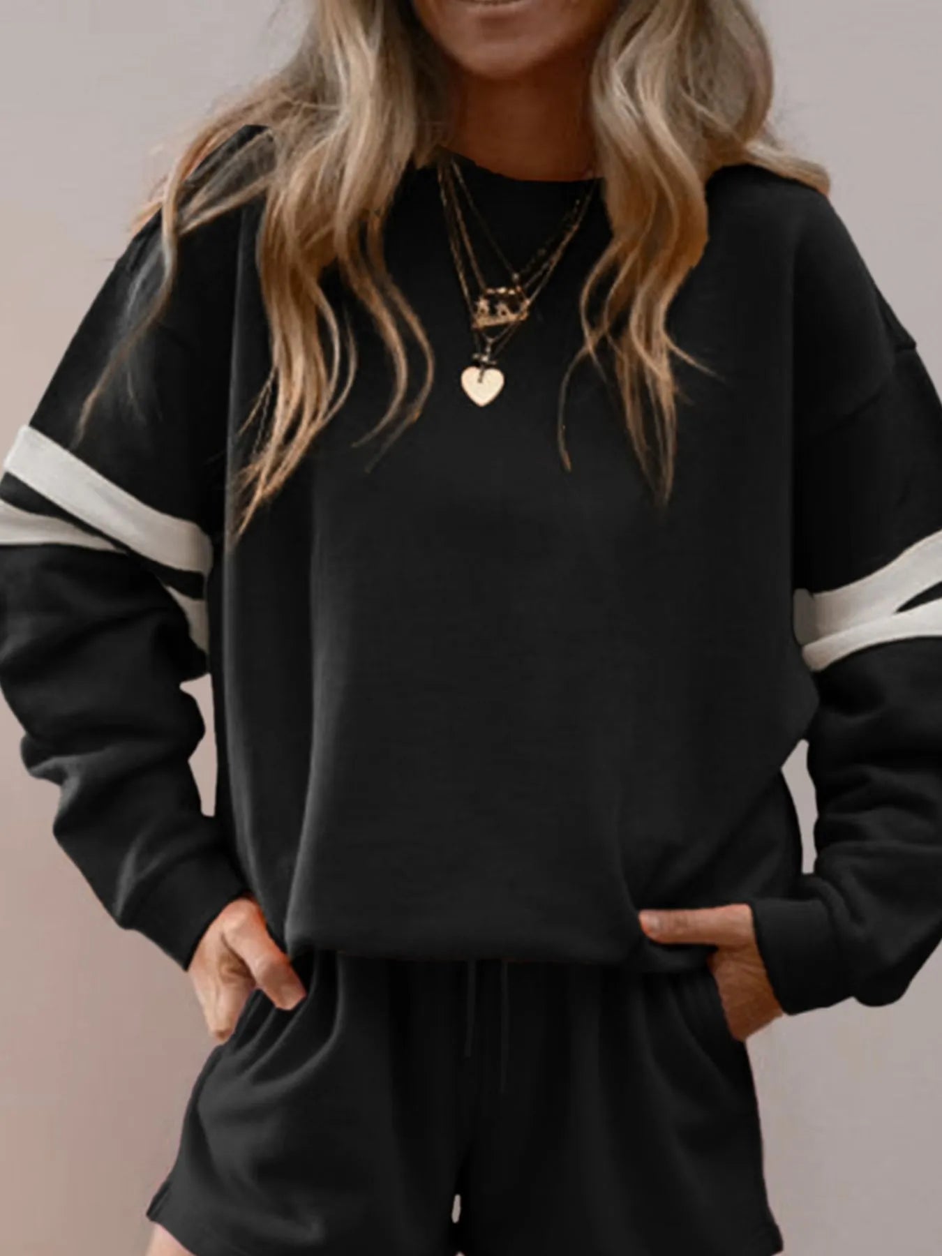 Stripe Round Neck Sweatshirt and Shorts Set Trendsi