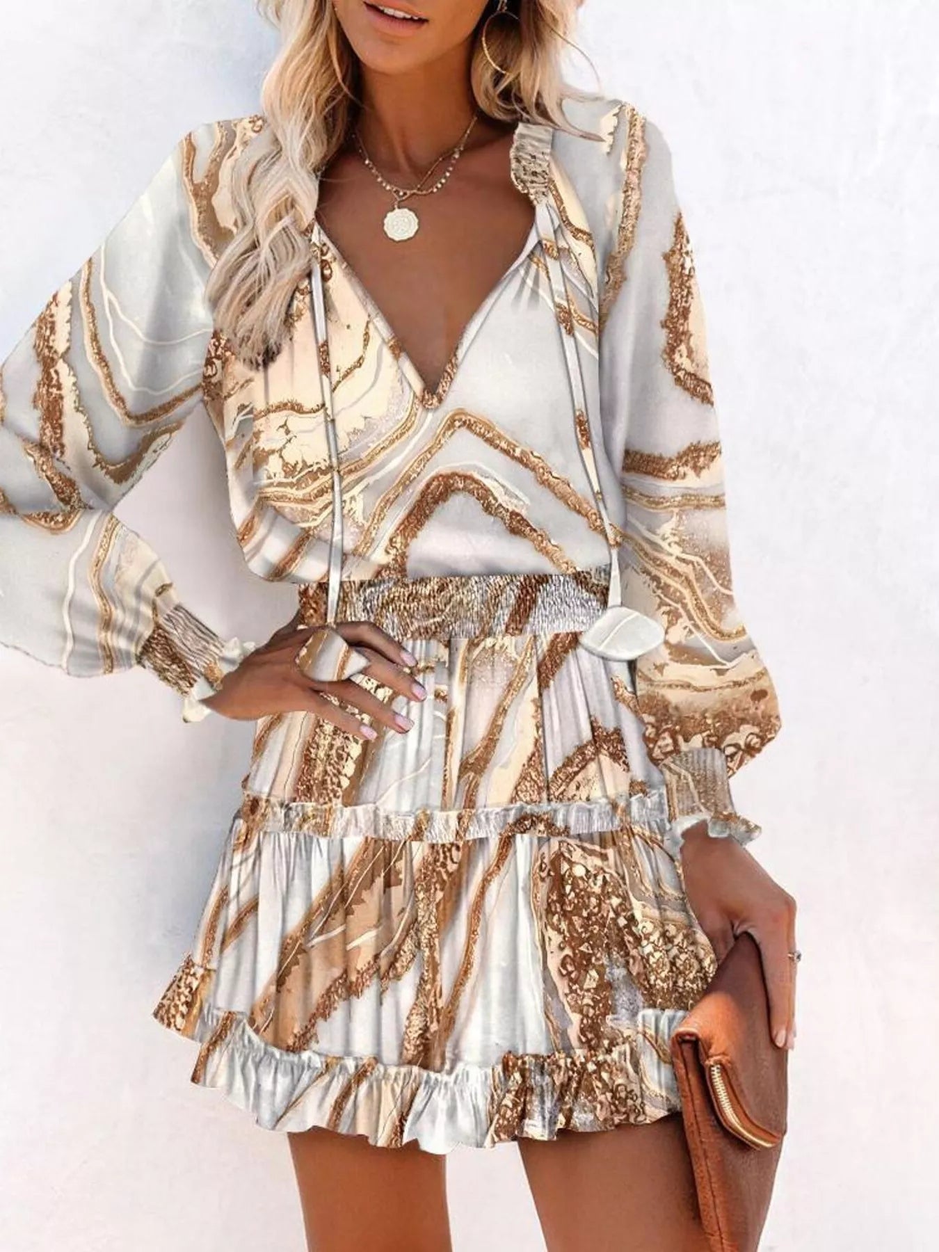 Tie Neck Lantern Sleeve Dress Trendsi