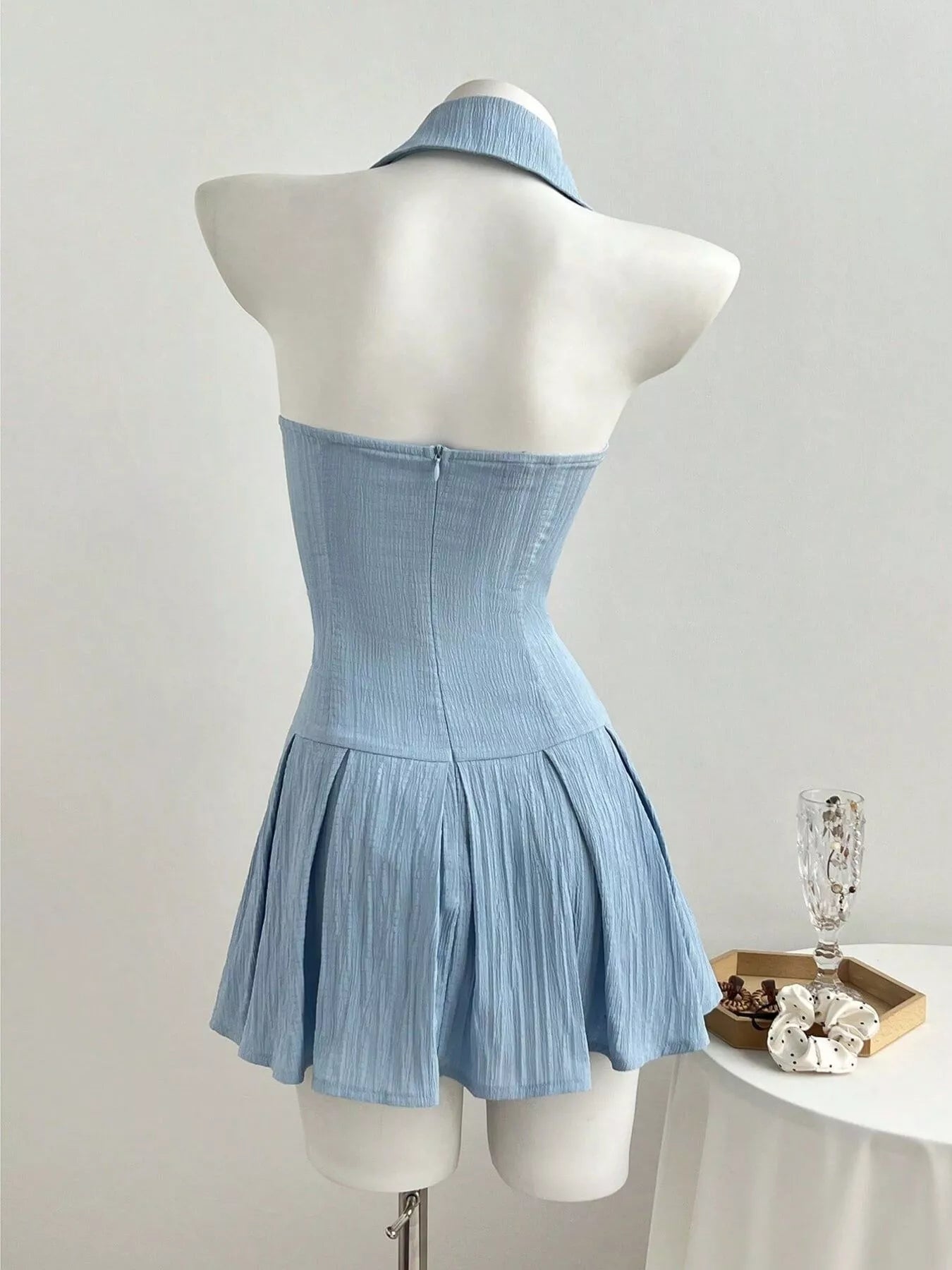 Halter Neck Bow Tie Pleated Mini Dress Trendsi