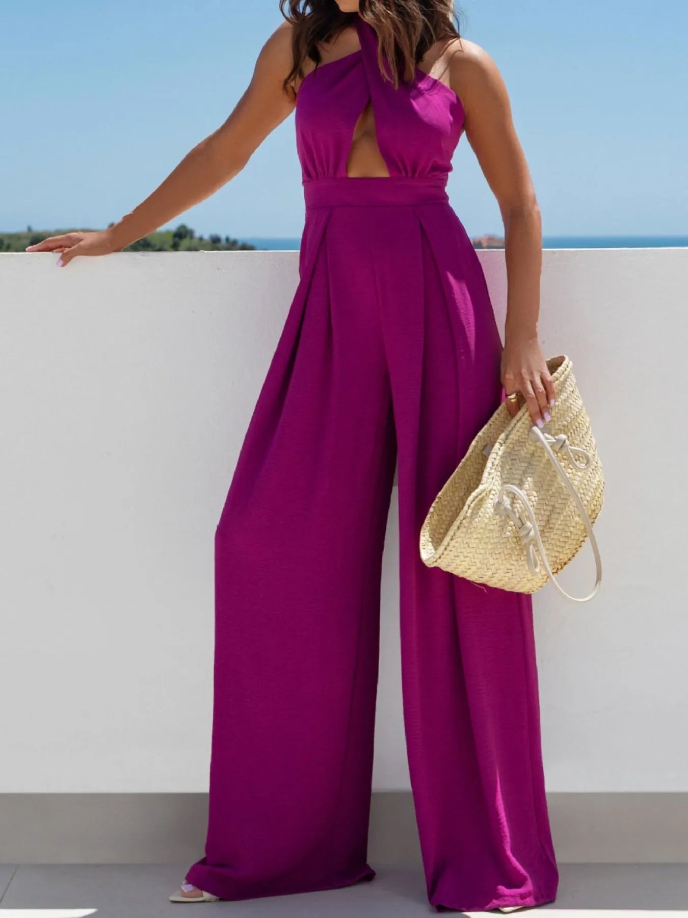 Wide Leg Cutout Halter Neck Jumpsuit Trendsi