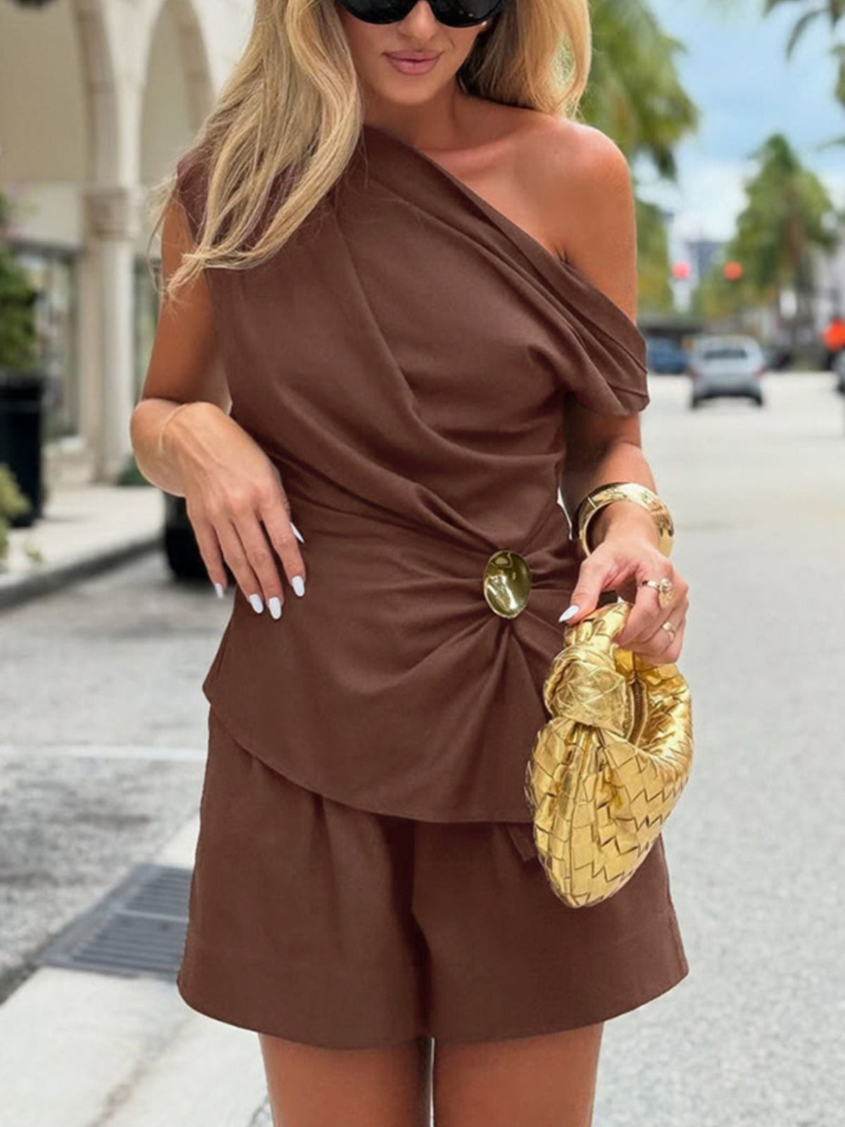 One-Shoulder Top and Shorts Set Trendsi
