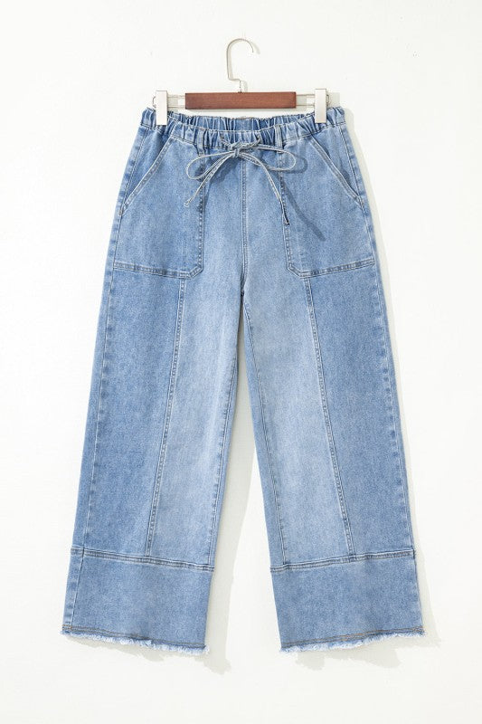 Denim Raw Hem Drawstring Wide Leg Pants JUNIPER BLVD