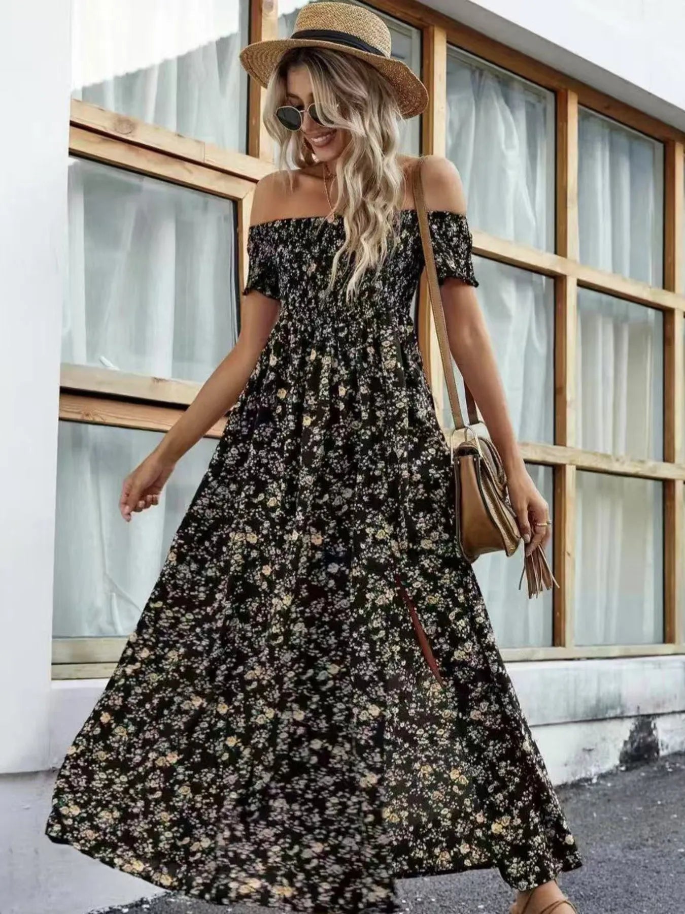 Full Size Slit Off-Shoulder Floral Midi Dress Plus Size Trendsi
