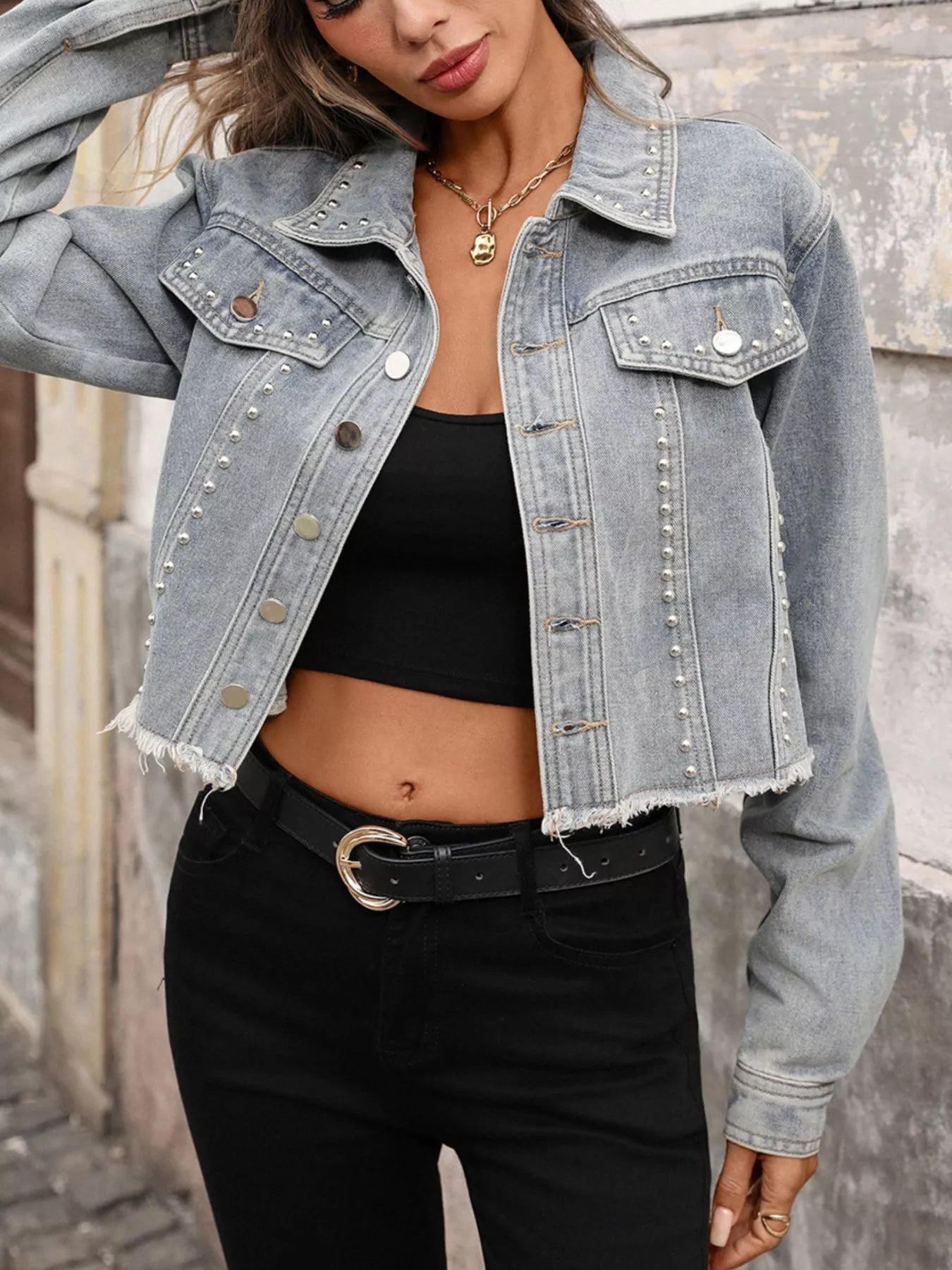 Studded Raw Hem Denim Jacket Trendsi