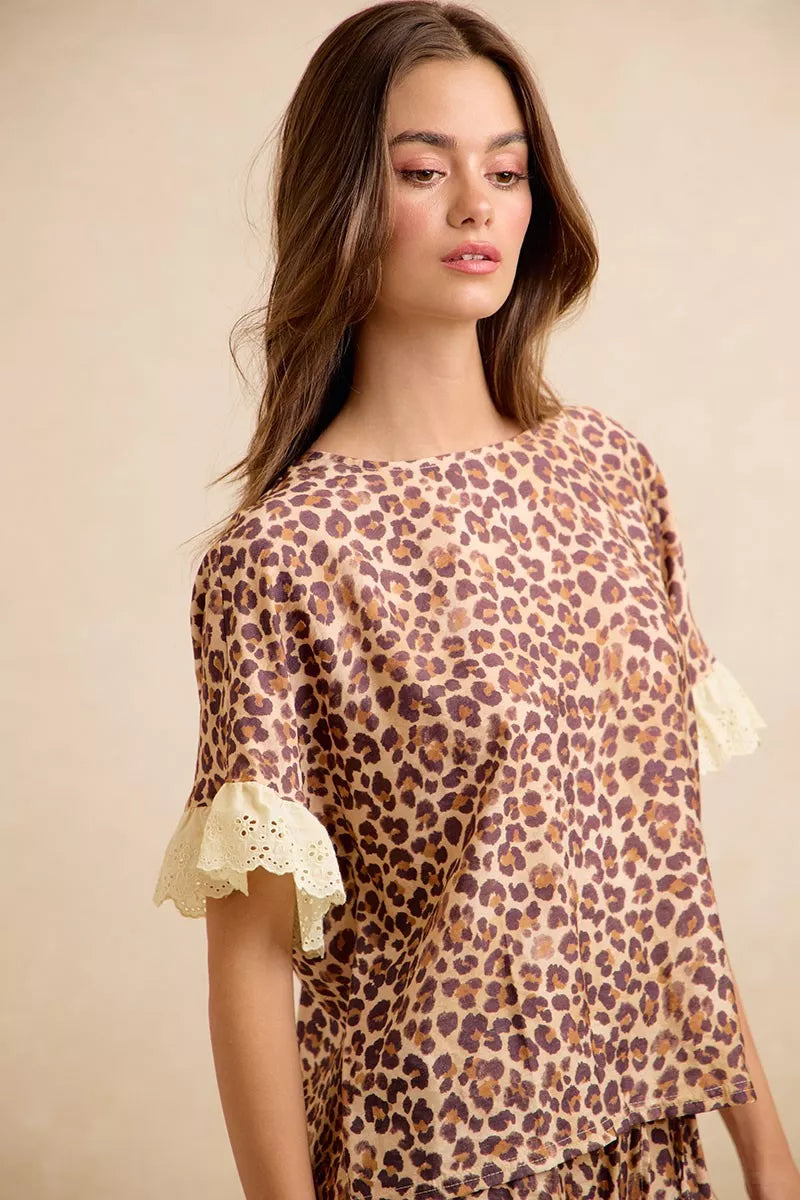 BiBi Leopard and Eyelet Lace Ruffled Top and Shorts Set Trendsi