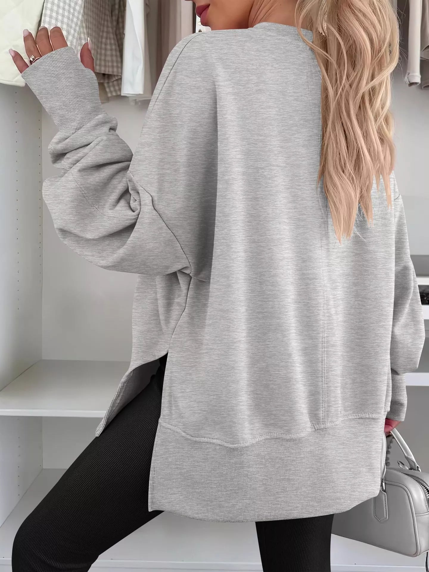 Side Slit Round Neck Long Sleeve Sweatshirt