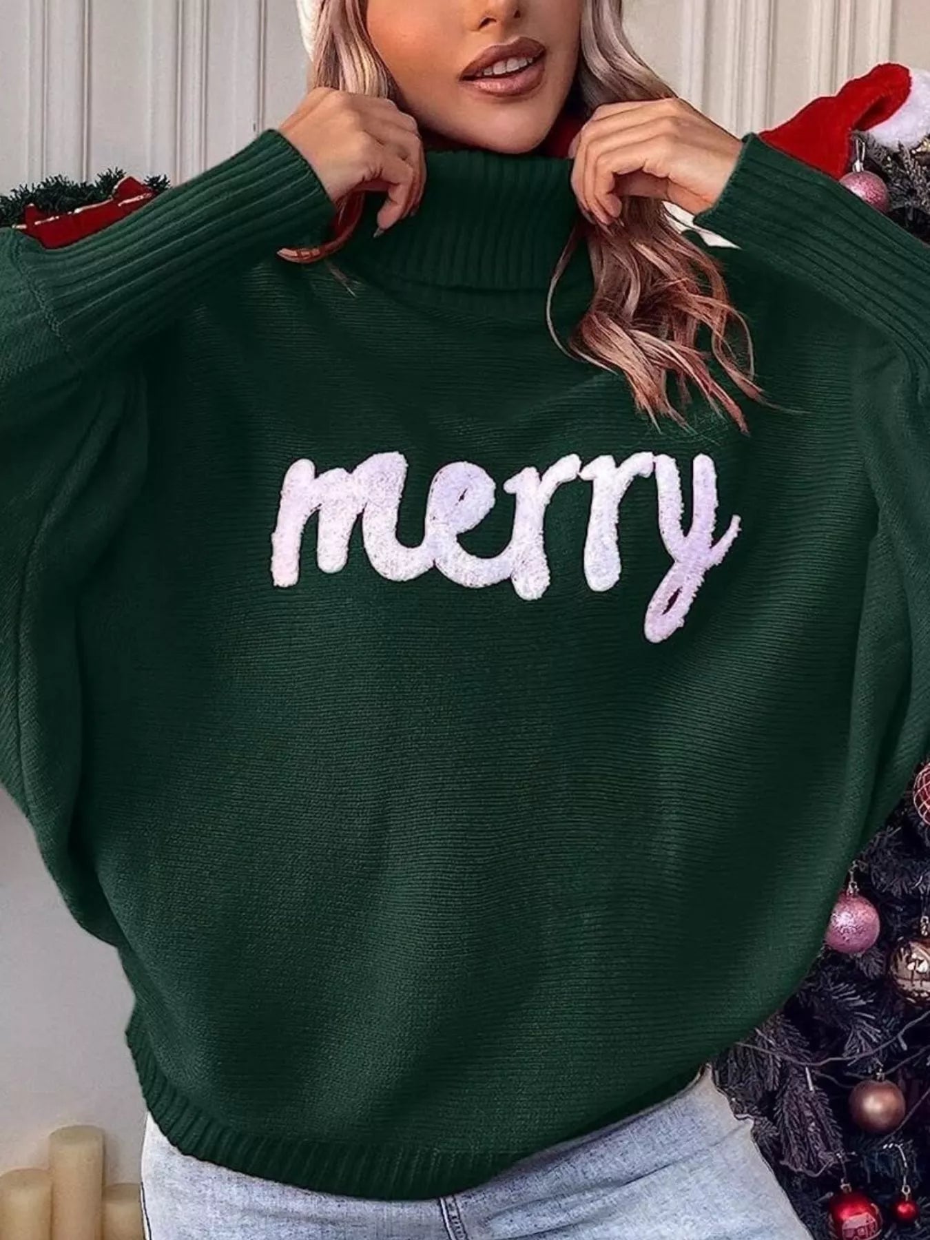 Merry Turtleneck Long Sleeve Christmas Sweater Trendsi