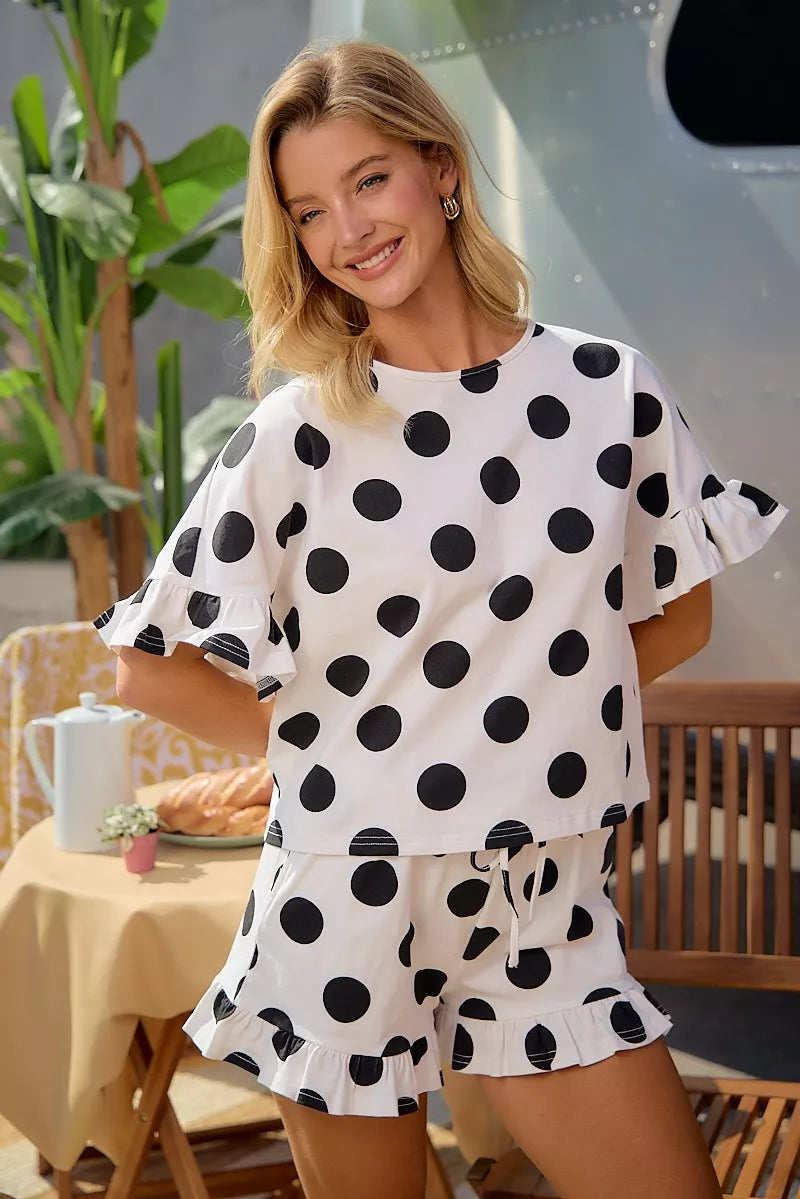 BiBi Polka Dots Printed Ruffled Detail Top And Shorts Set Trendsi