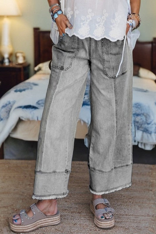 Denim Raw Hem Drawstring Wide Leg Pants JUNIPER BLVD