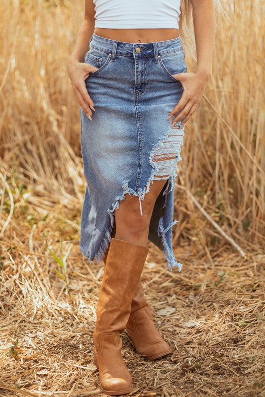 Denim Distressed Midi Skirt JUNIPER BLVD