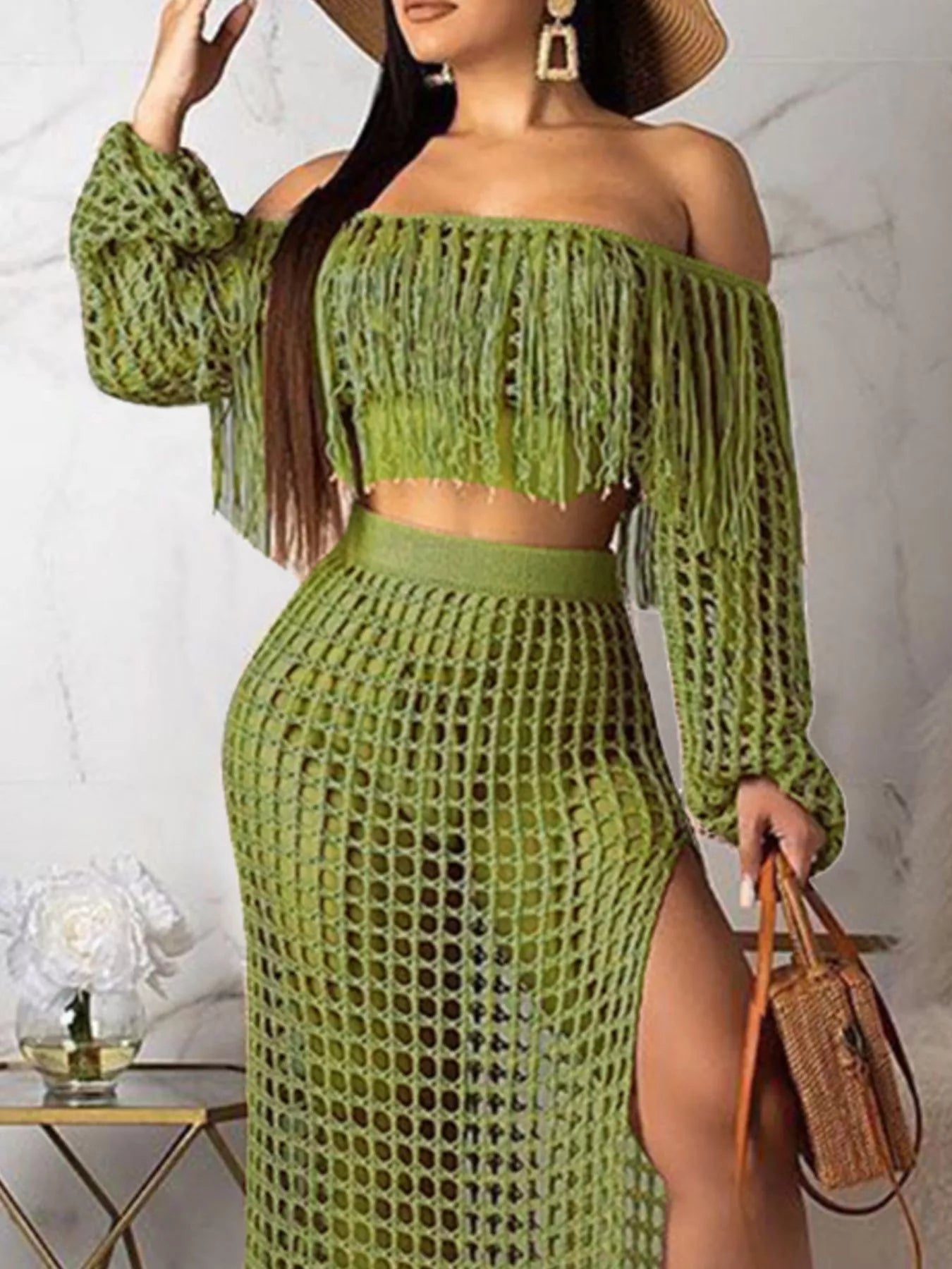 Full Size Crochet Off-Shoulder Fringe Top and Skirt Set Plus Size Trendsi
