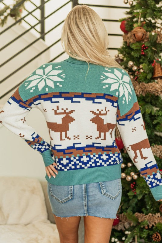 Christmas Reindeer Snowflake Colorblock Turtleneck
