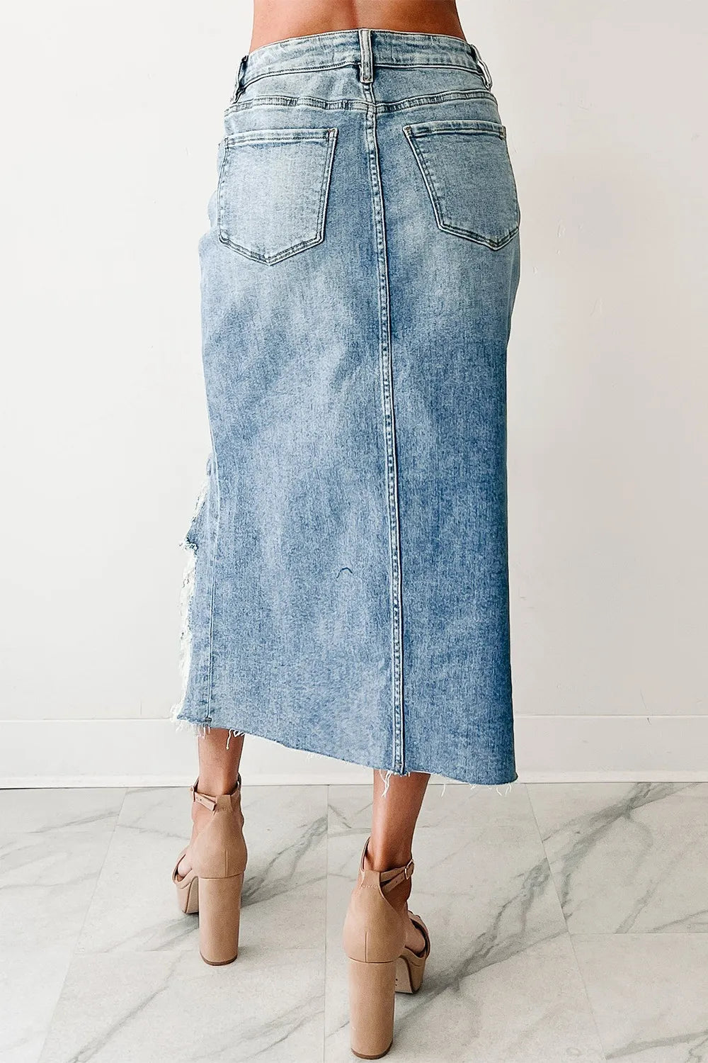 Distressed Asymmetrical Denim Skirt with Frayed Hem Trendsi