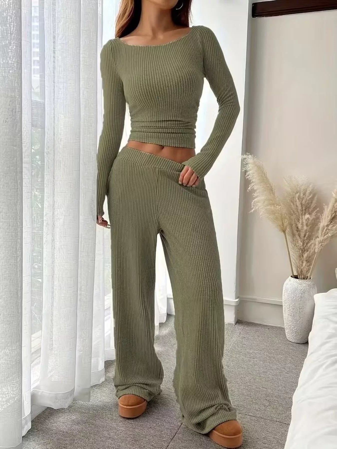 Ribbed Knit Boat Neck Top and Pants Set