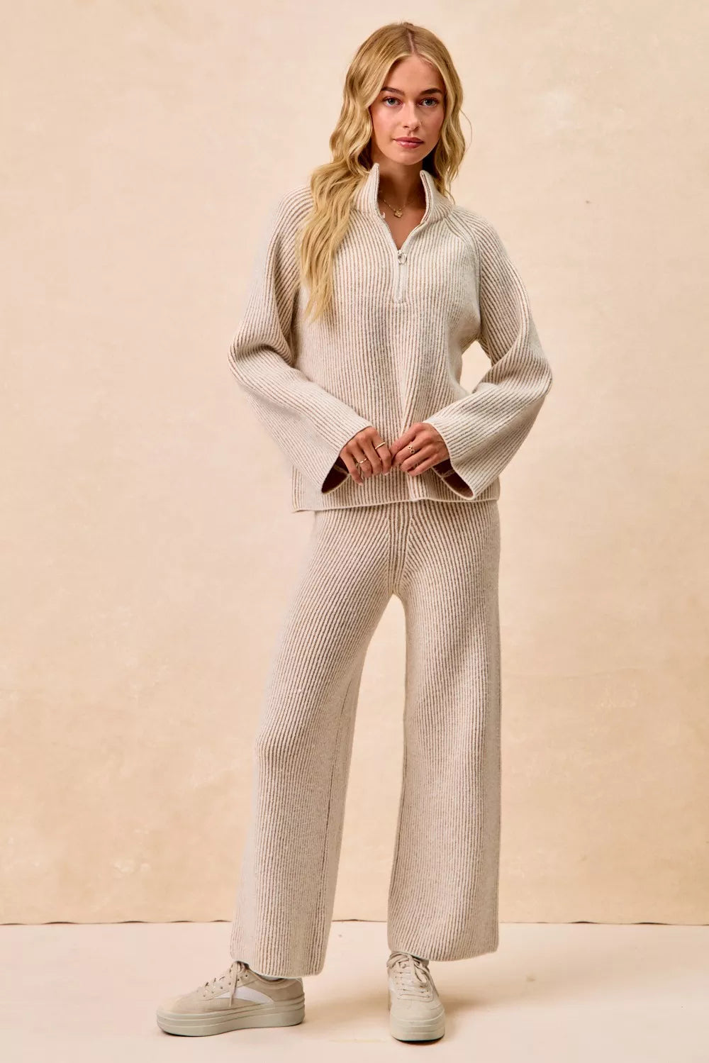 BiBi Two Tone Rib Texured Knit Collared Top with Zip Up Trendsi
