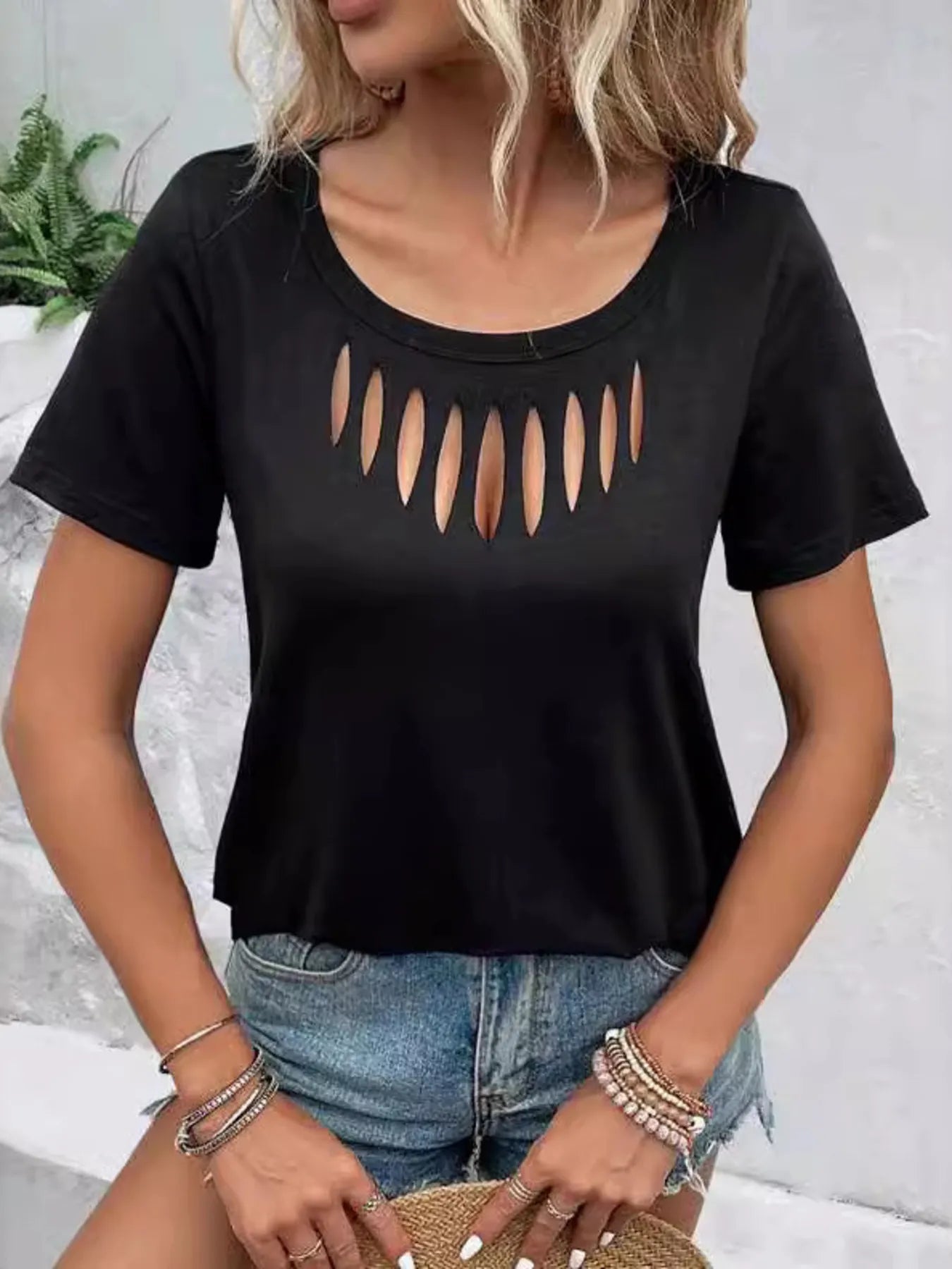 Hollow Out Neckline Short Sleeve T-Shirt Trendsi