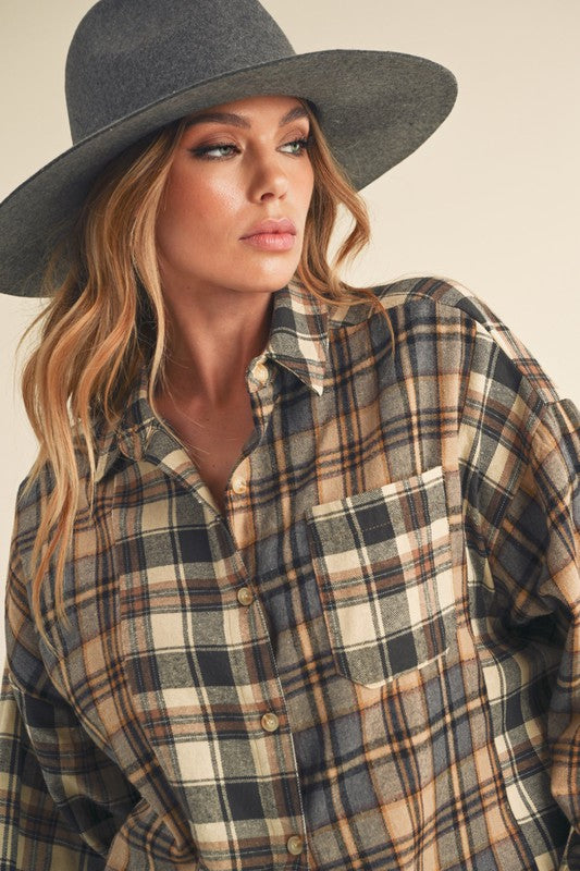 Frayed Hem Plaid Button Up Flannel Shirt