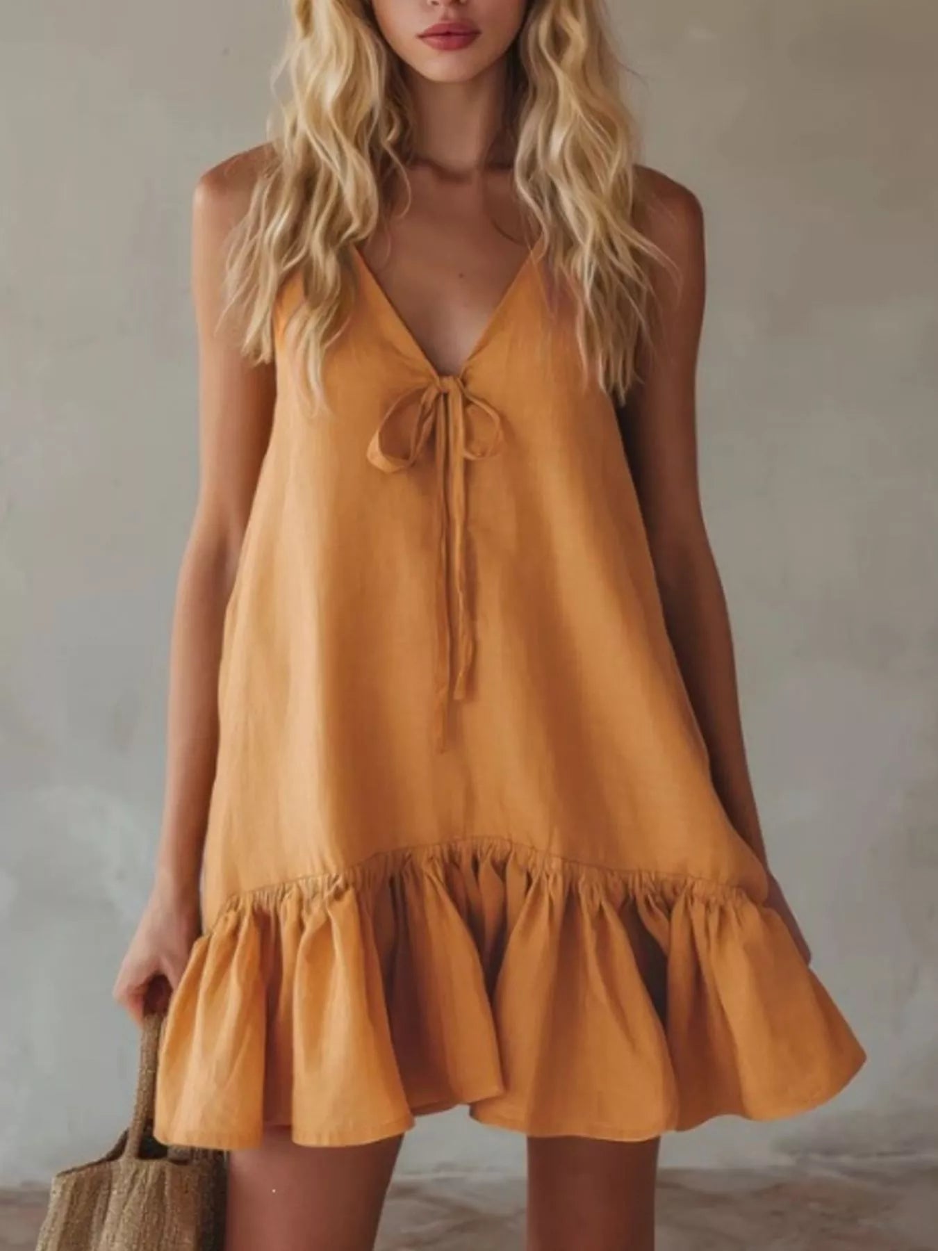 V-Neck Tie Front Ruffle Hem Mini Dress Luckygirlsclothingcompany.com