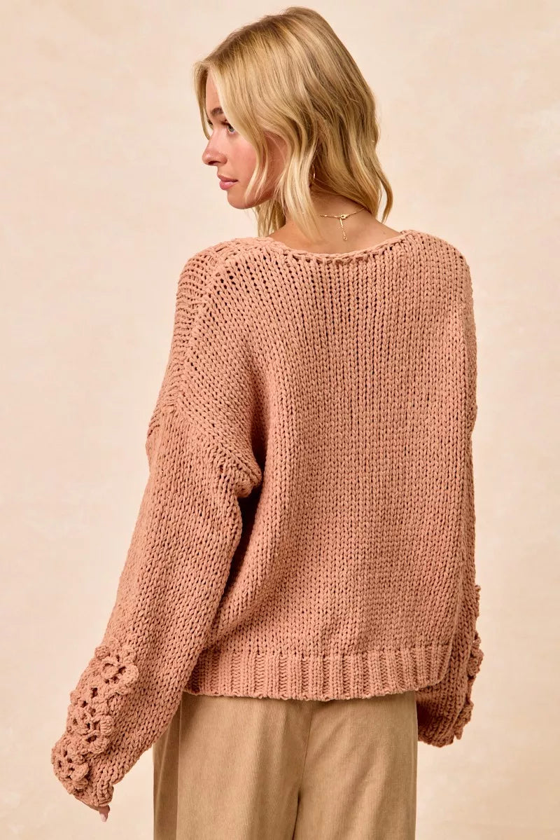 BiBi Chunky Knit Sweater with Flower Detail Sleeves Trendsi