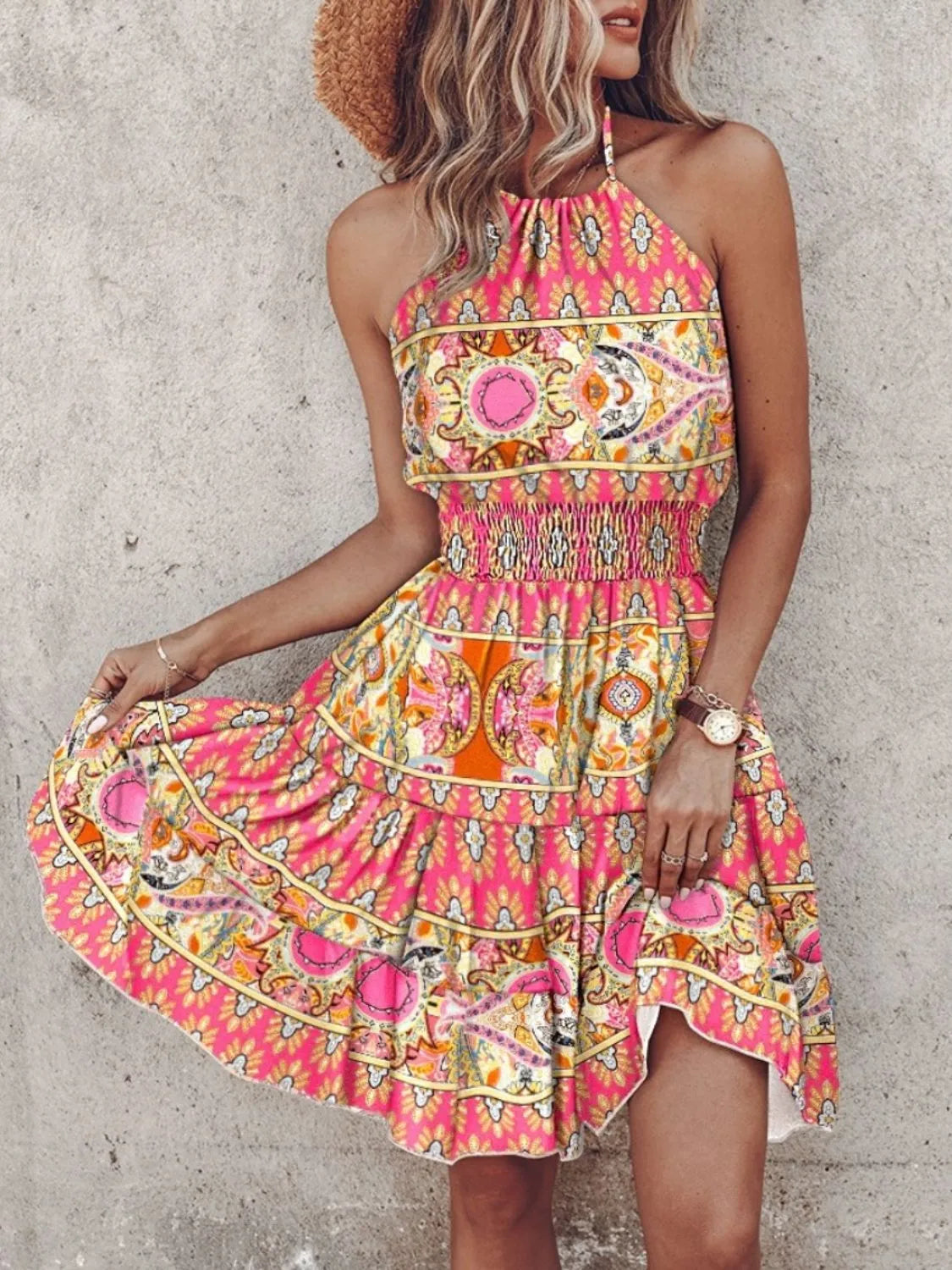 Paisley Print Halter Neck Mini Dress Trendsi