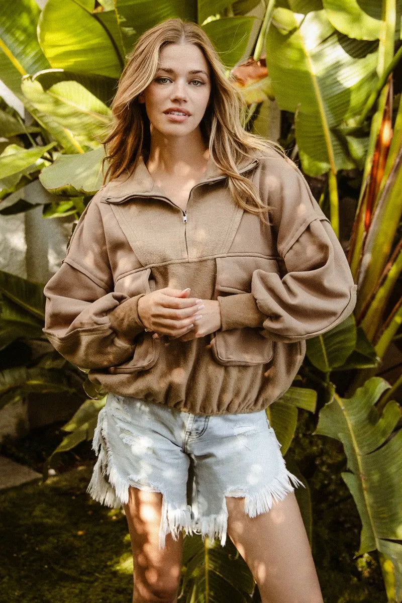 BiBi Half Zip Vintage Washed Fleece Pullover Trendsi