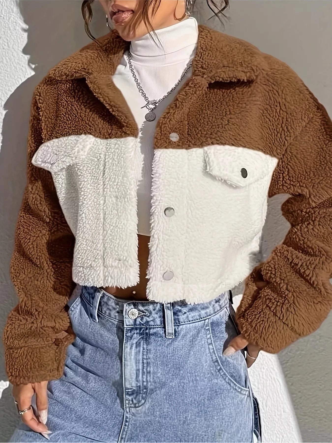 Two-Tone Plush Cropped Jacket