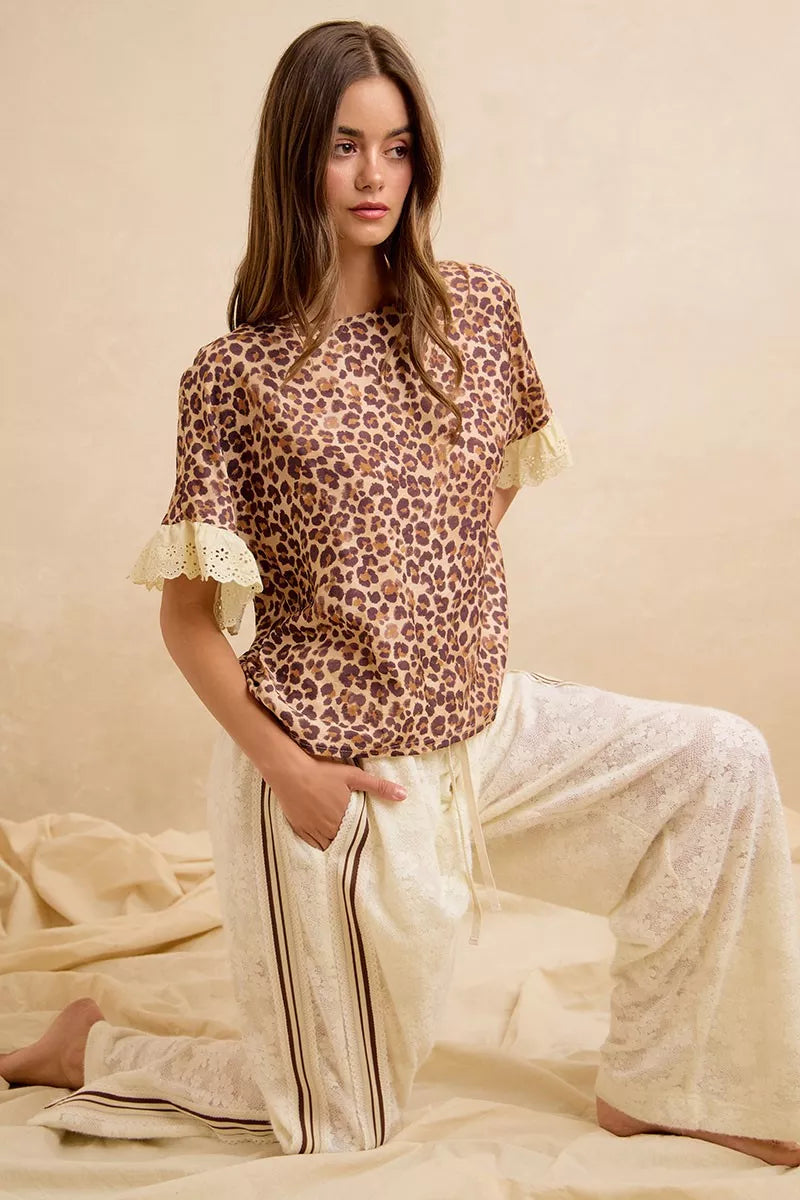 BiBi Leopard and Eyelet Lace Ruffled Top and Shorts Set Trendsi
