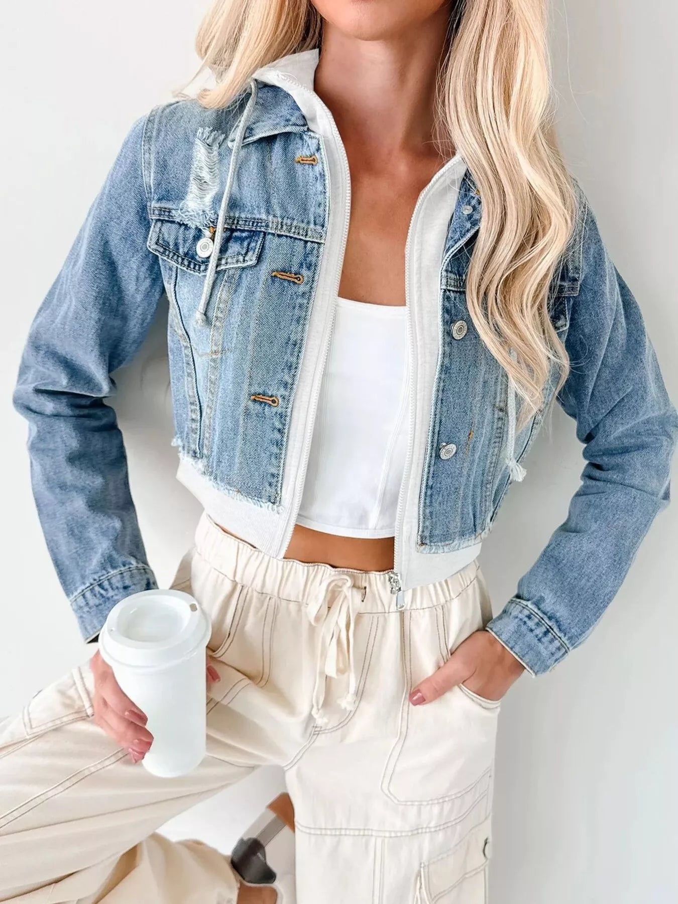 Distressed Zip Up Cropped Hooded Denim Jacket Trendsi