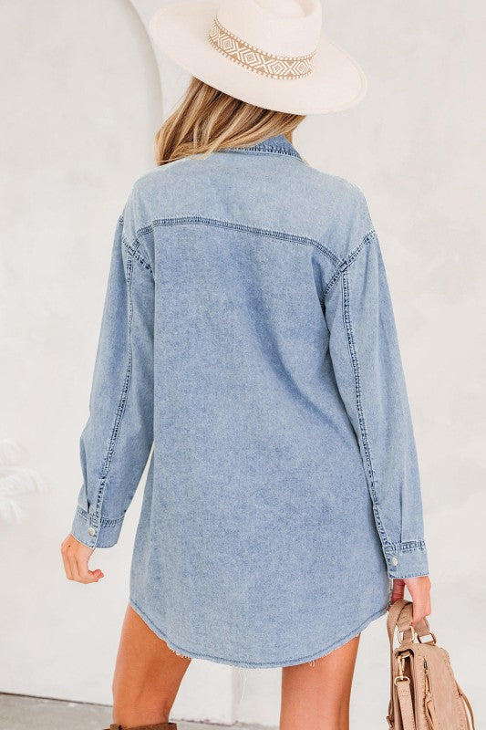 Solid Denim Chest Pocket Raw Hem Shirt Dress