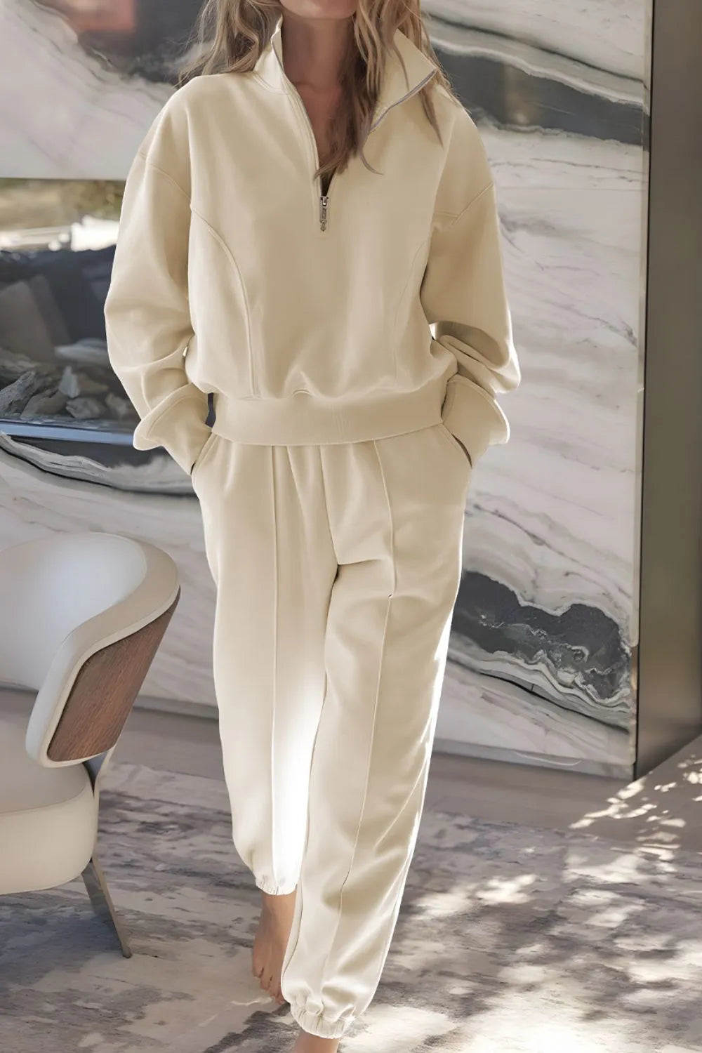 Half Zip Long Sleeve Top and Joggers Set Trendsi