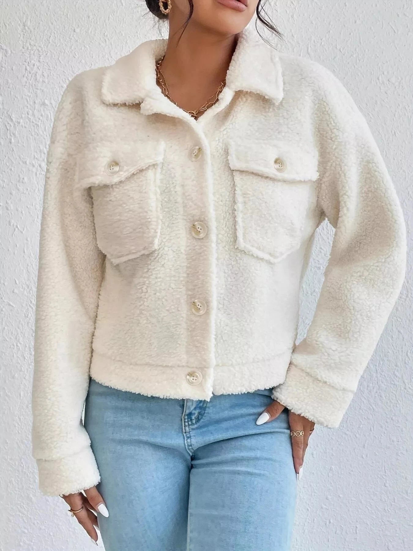 Full Size Cozy Faux Shearling Button-Up Jacket Plus Size Trendsi
