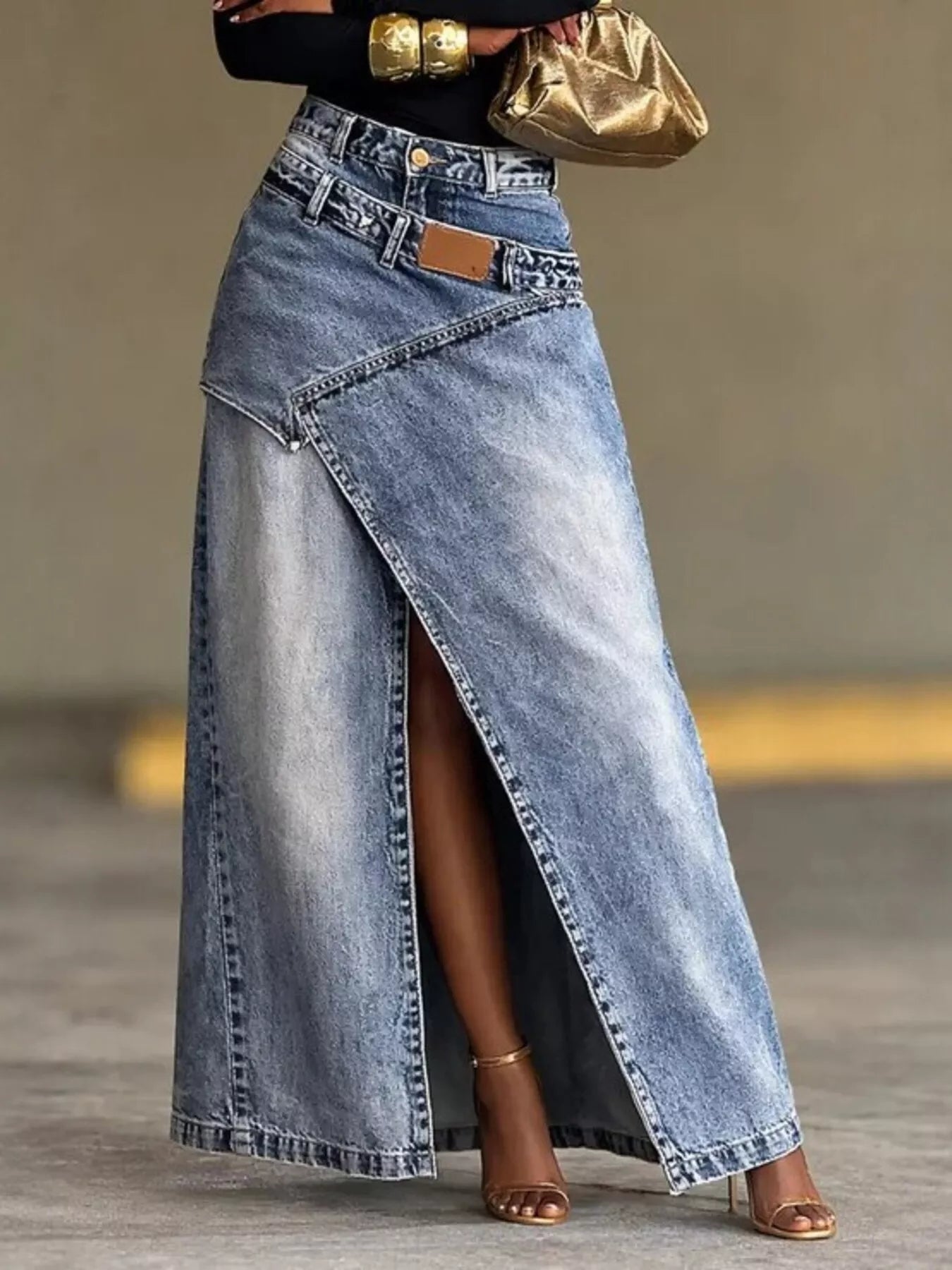 High-Waisted Slit Denim Skirt Trendsi