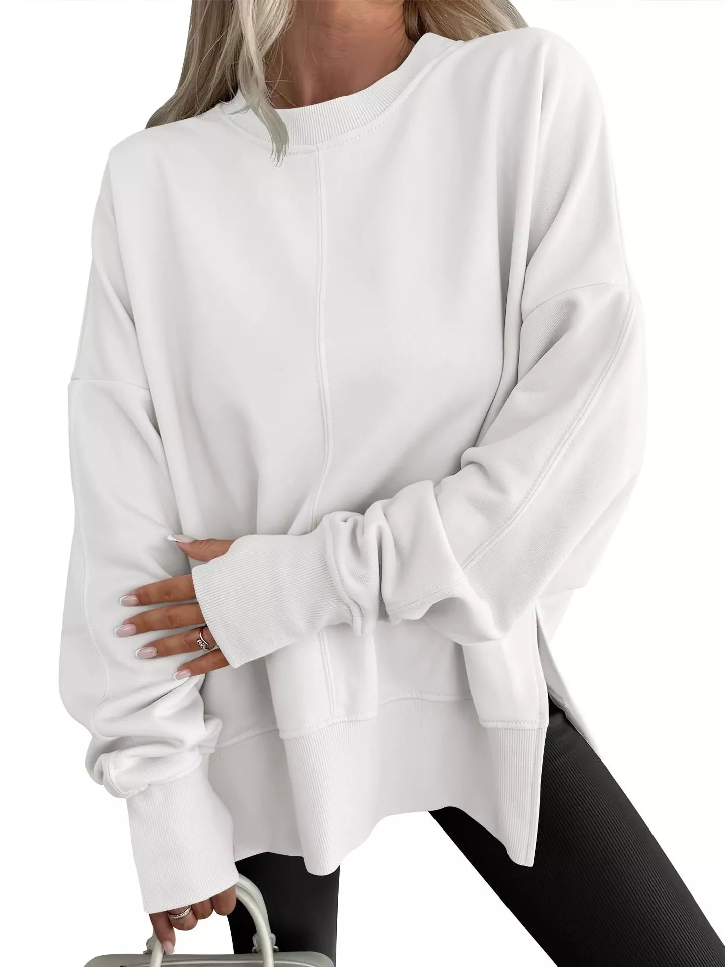 Side Slit Round Neck Long Sleeve Sweatshirt