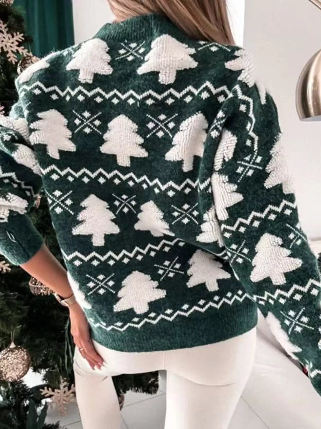 Christmas Tree Pattern Long Sleeve Sweater Trendsi