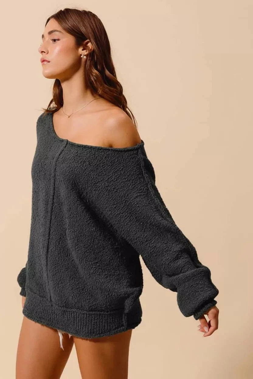 SO ME Loose Fit Exposed Seam Slouchy Boucle Sweater
