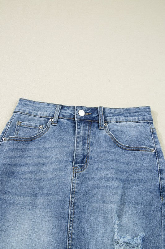 Denim Distressed Midi Skirt JUNIPER BLVD